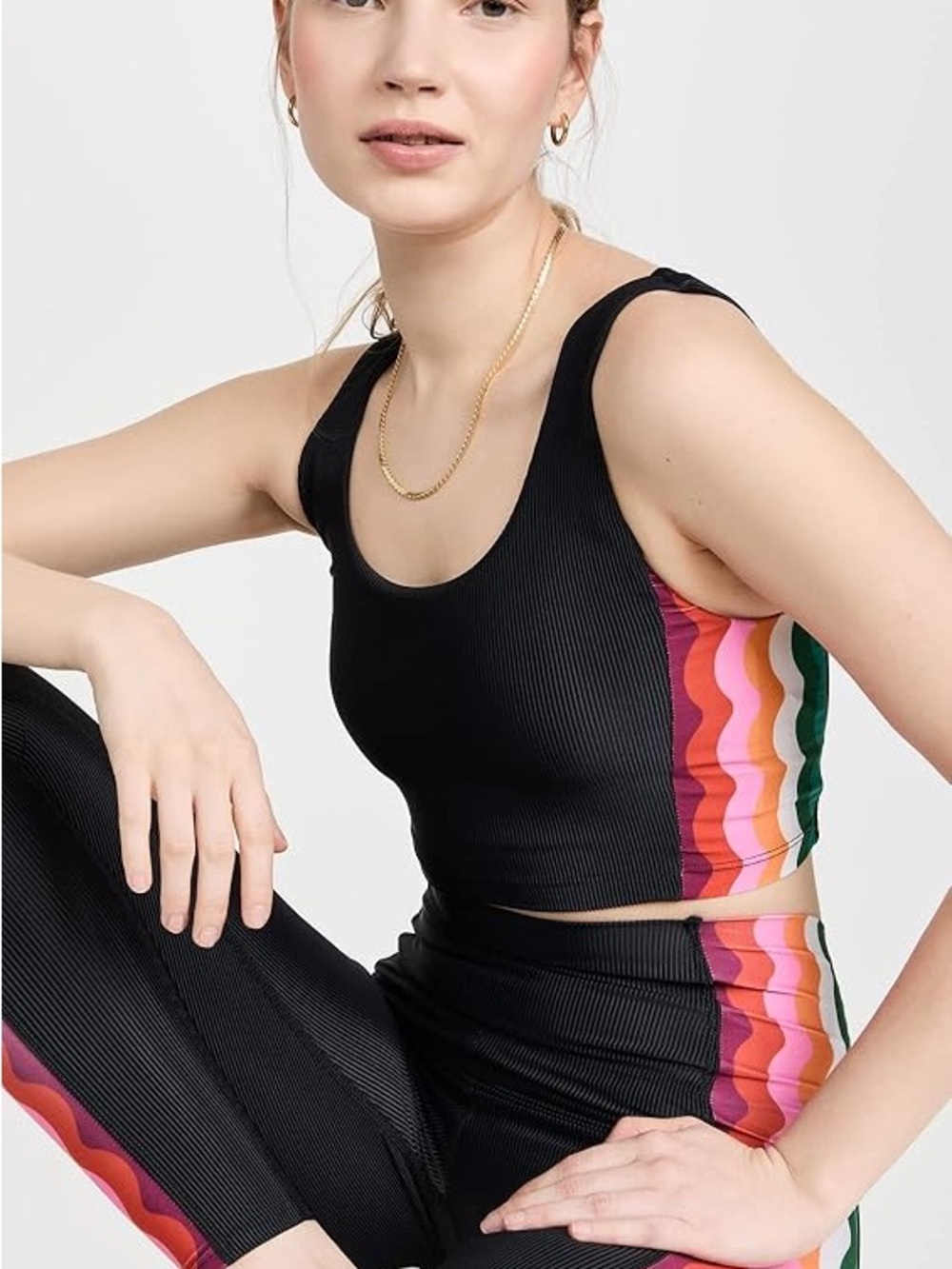 Beach Riot Tessa Top Black Ribbed Crop Sport Tank with Colorful Wave Side Panels